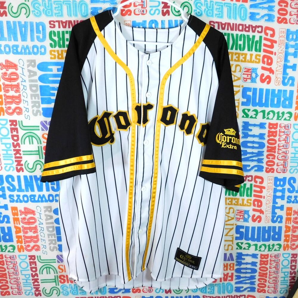 Corona Beer Baseball Jersey Size XL Black White Yellow Sewn Felt Lettering